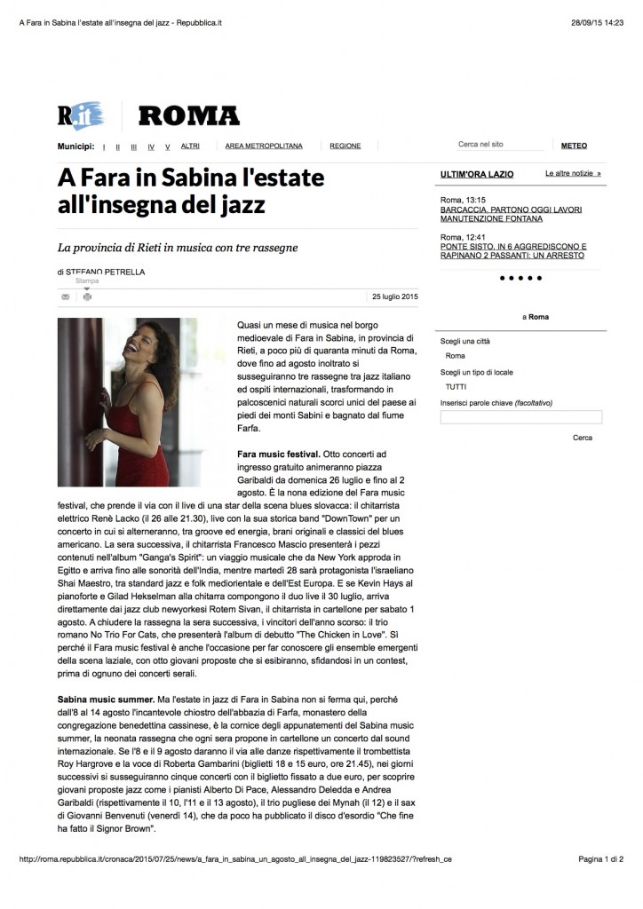 A Fara in Sabina l'estate all'insegna del jazz - Repubblica